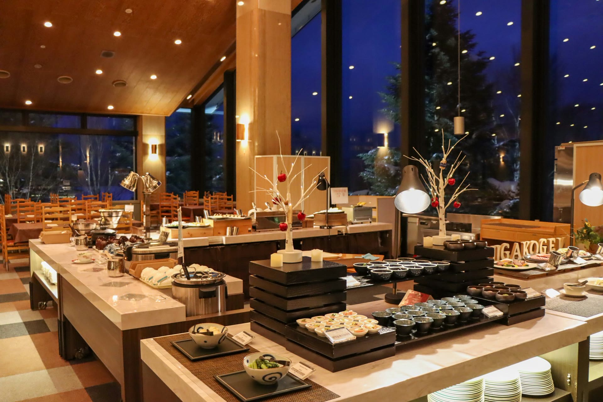 Hotel buffet dining room with mountain views